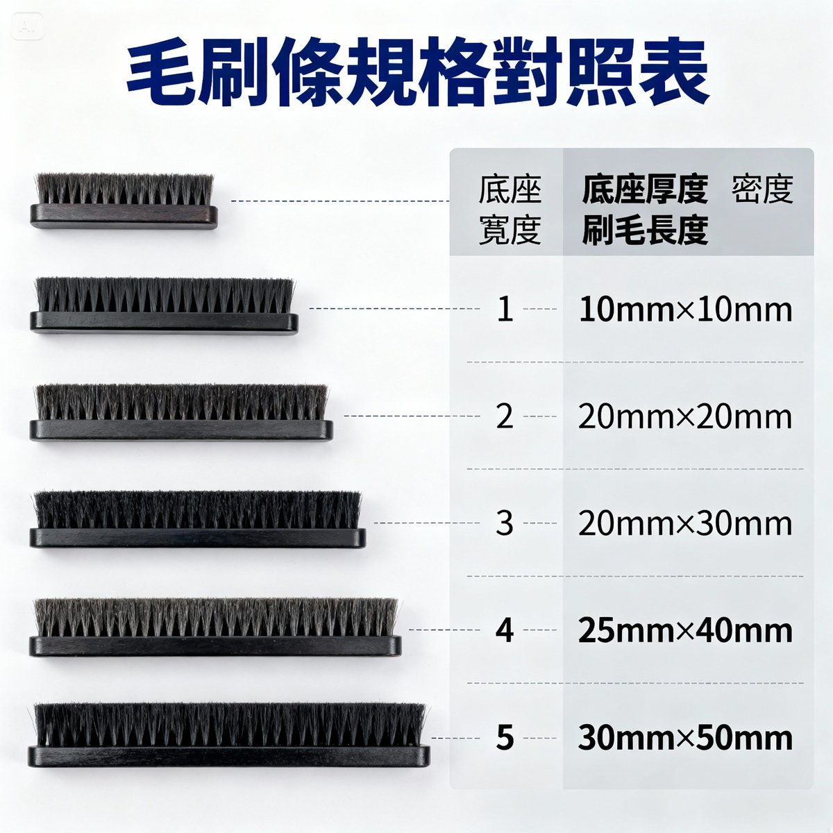brush strip size specification comparison chart