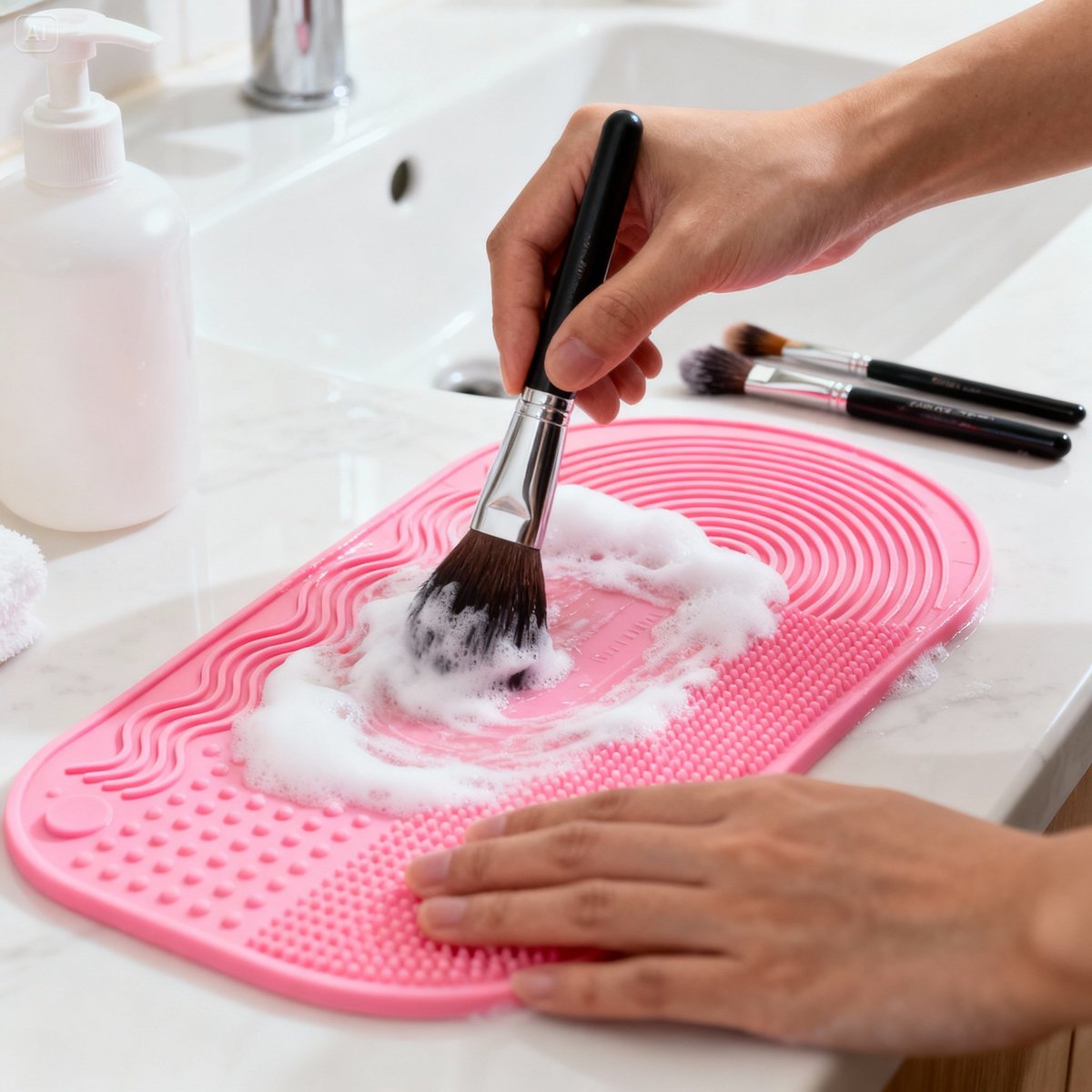 cleaning makeup brush with silicone mat