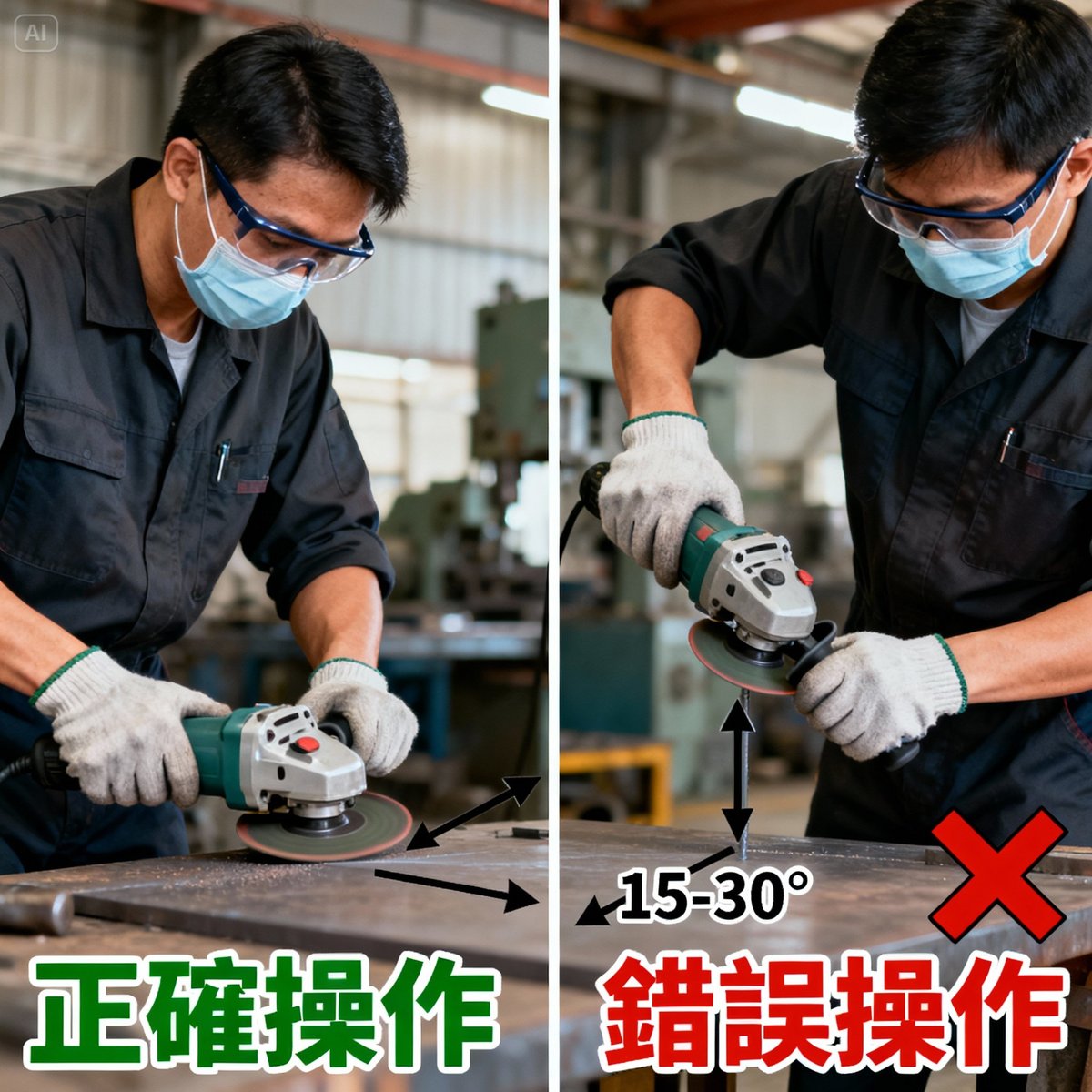 correct incorrect angle grinder operation comparison