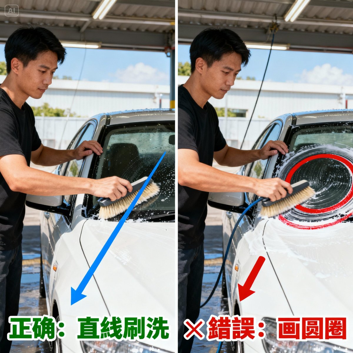 correct vs wrong car washing technique comparison