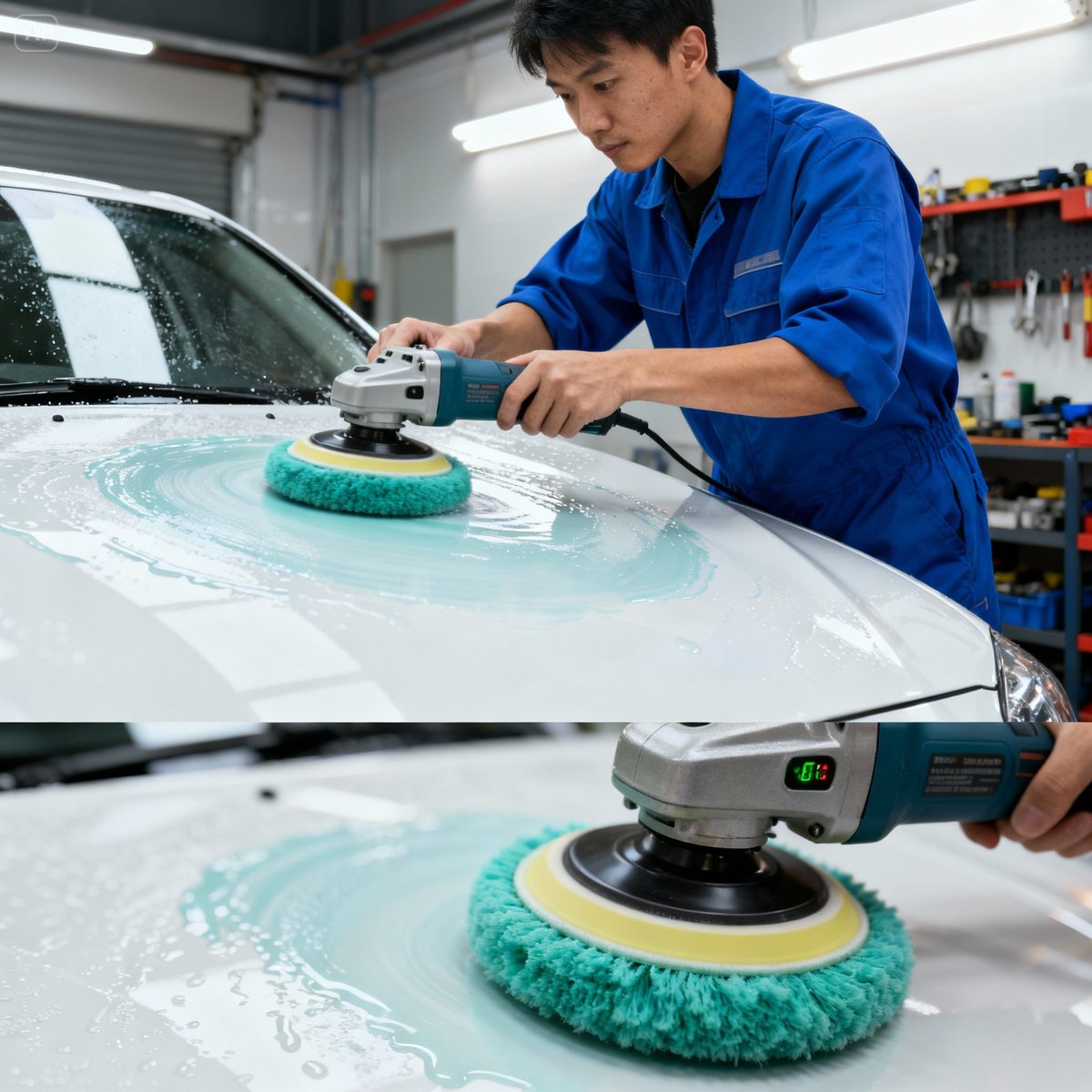 detailer performing clay bar polishing wool wheel