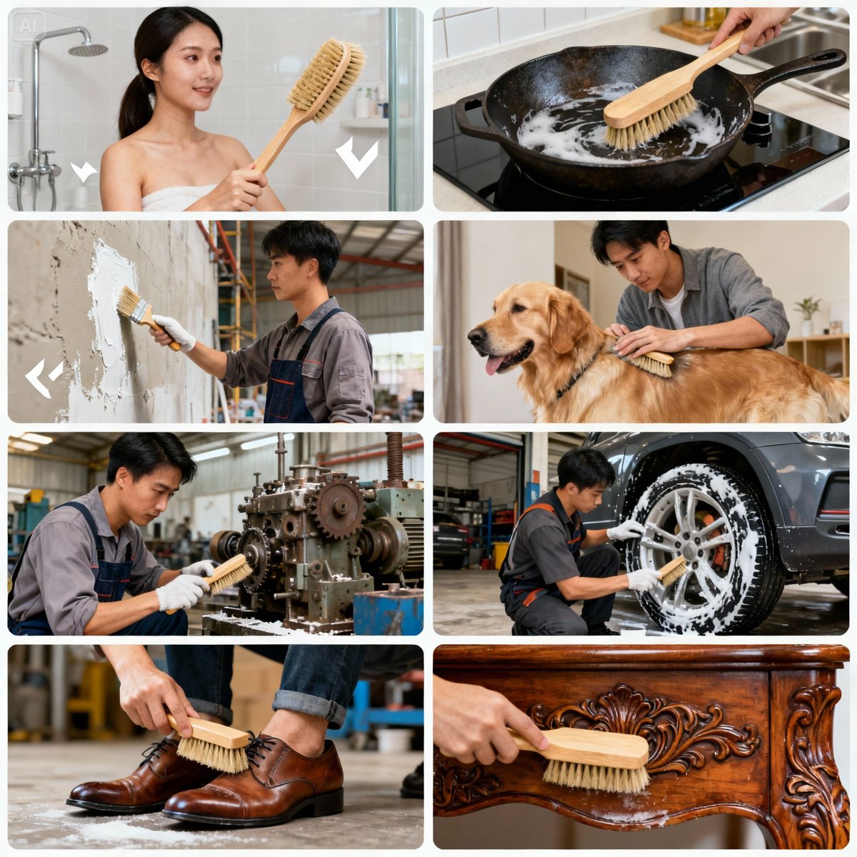 eight bristle brush application scenarios grid