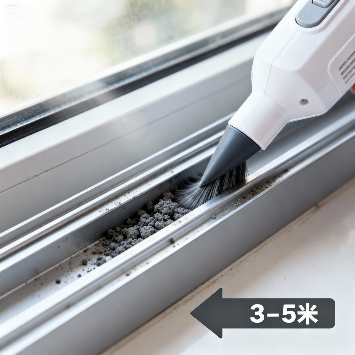 electric brush cleaning window track crevice closeup