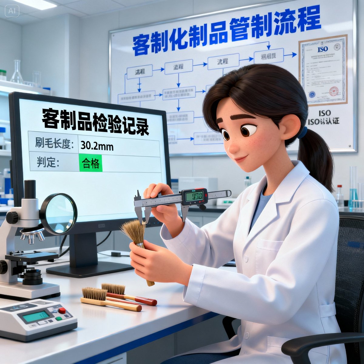 engineer inspecting custom brush sample