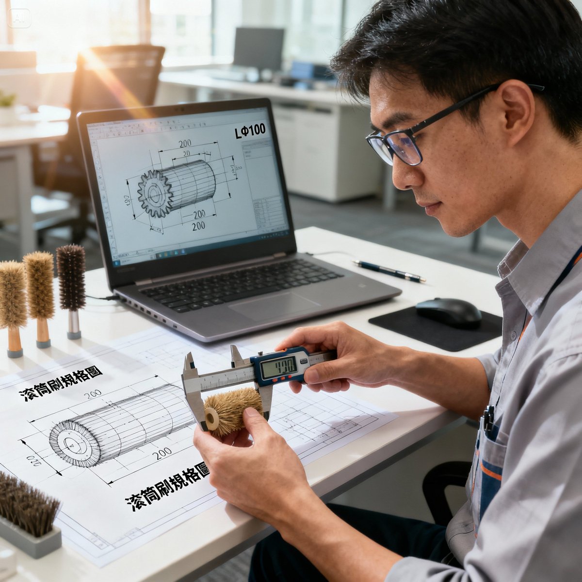 engineer measuring industrial brush specifications caliper