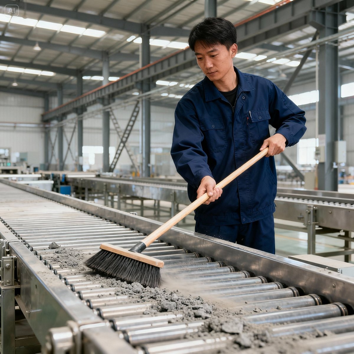 factory worker cleaning conveyor belt long brush