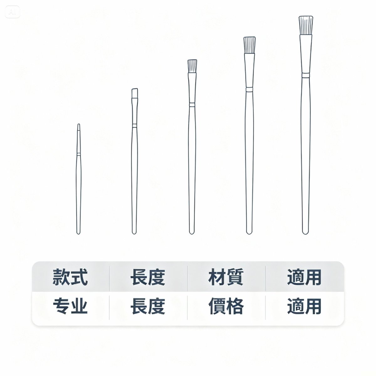 five brush specifications comparison chart