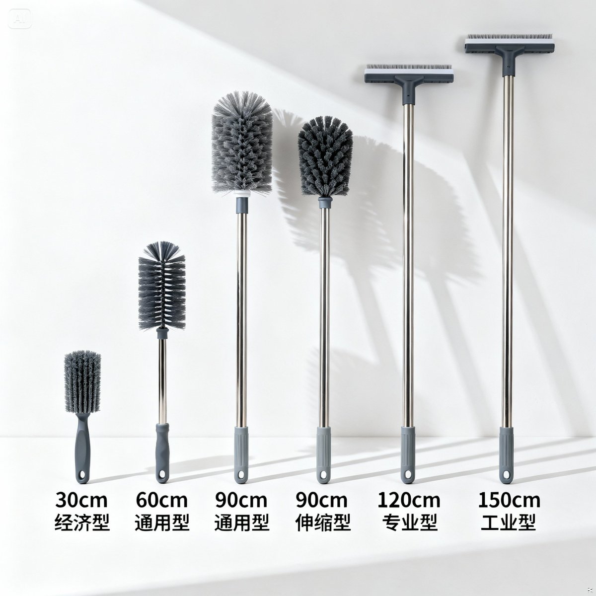 five long handle brush comparison display