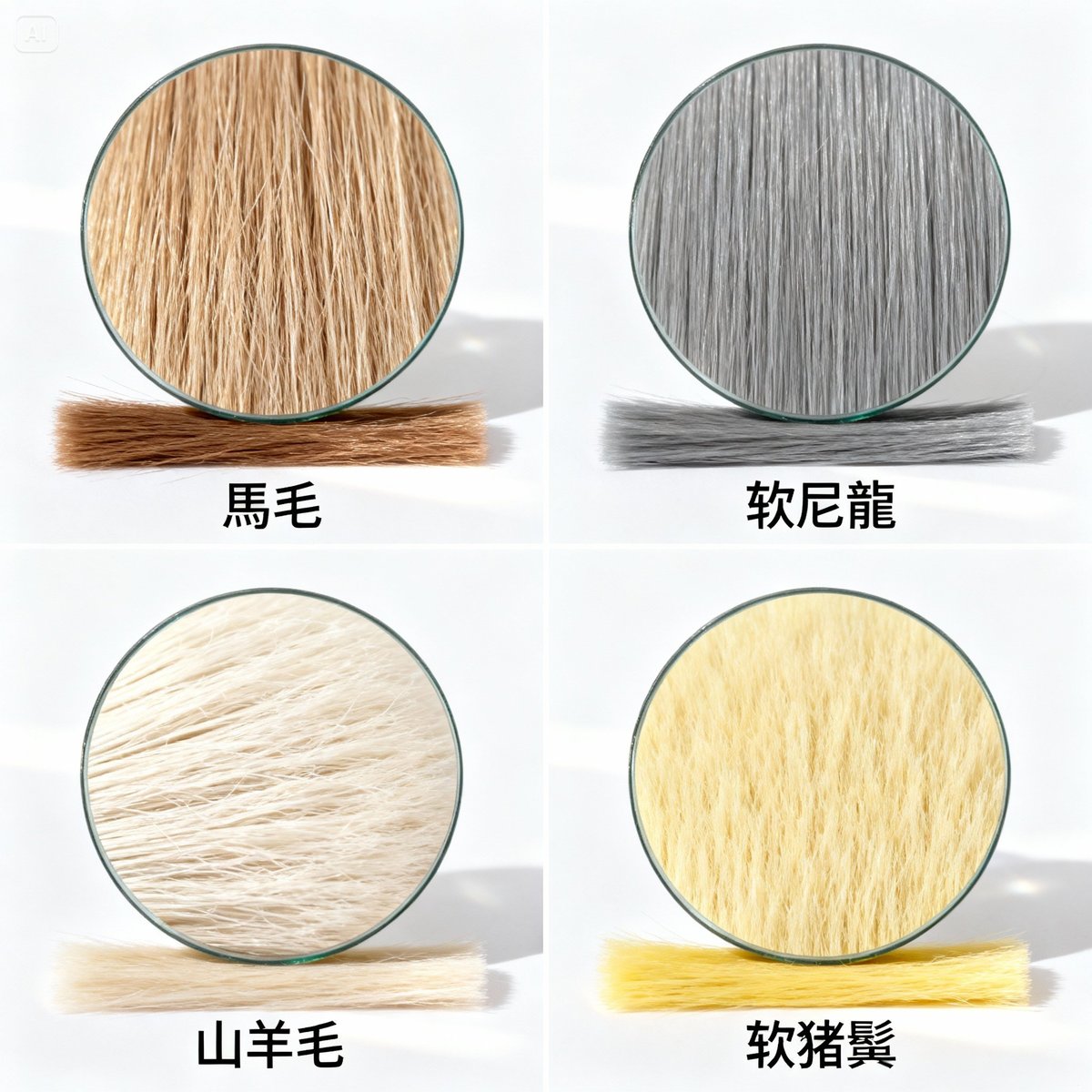 four soft bristle materials microscopic