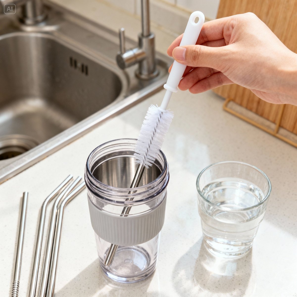hand using silicone brush cleaning stainless steel straw