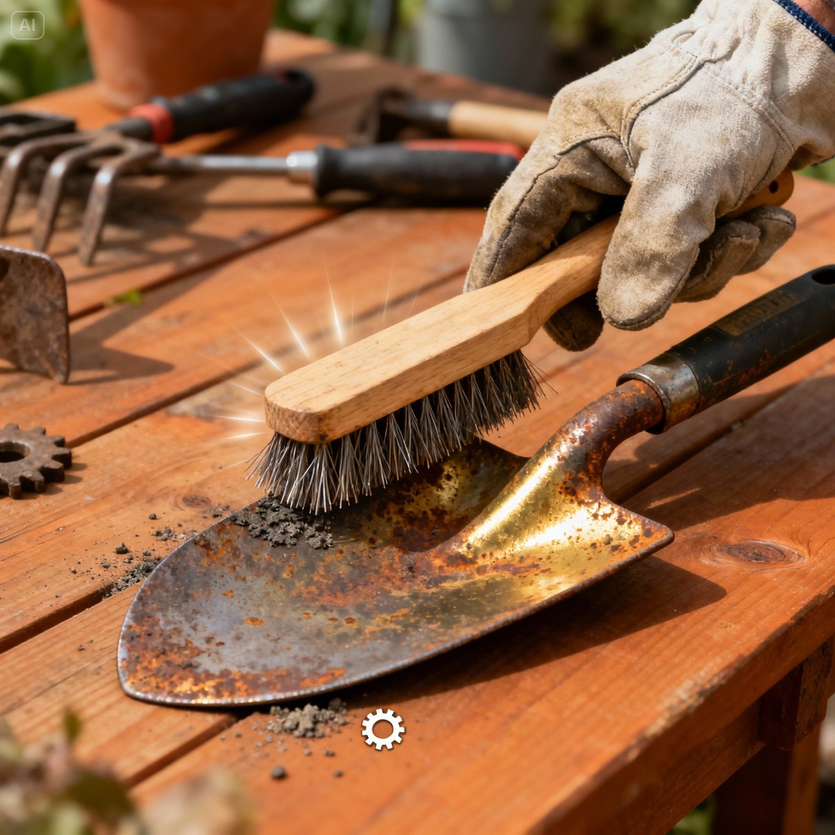 hand wire brush cleaning rusty garden tool
