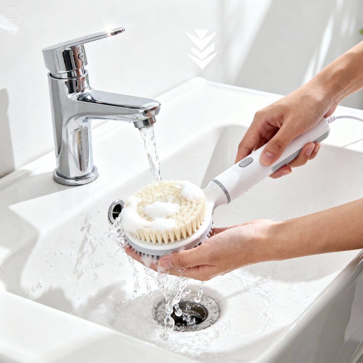 hands washing electric brush head under running water