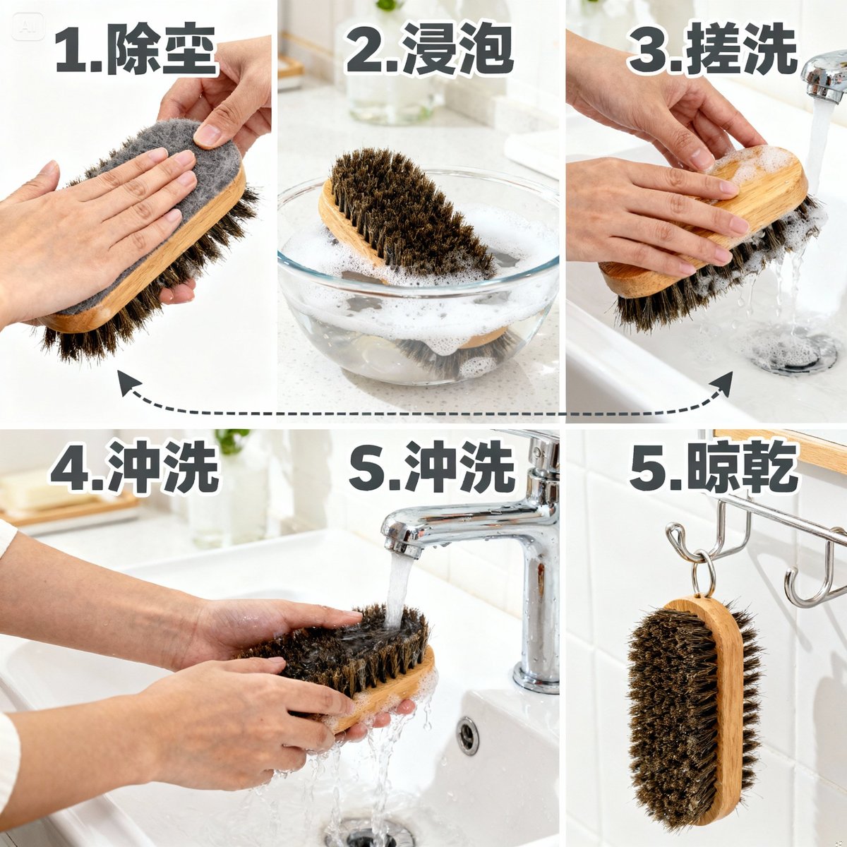 horse hair brush cleaning five steps illustration