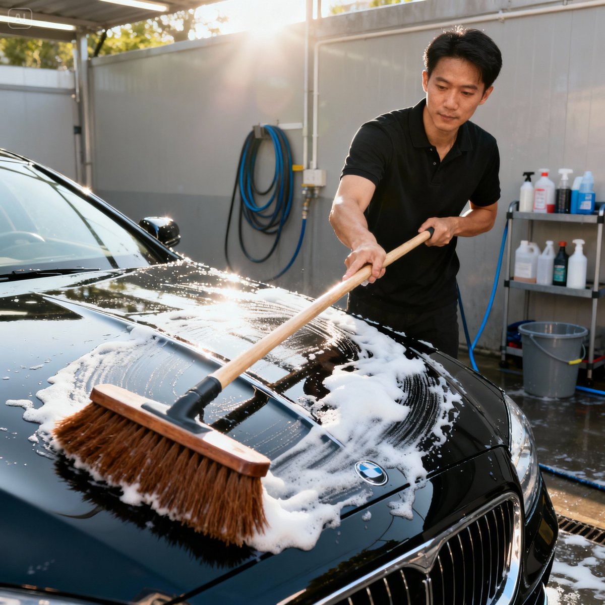 horsehair brush washing black car exterior