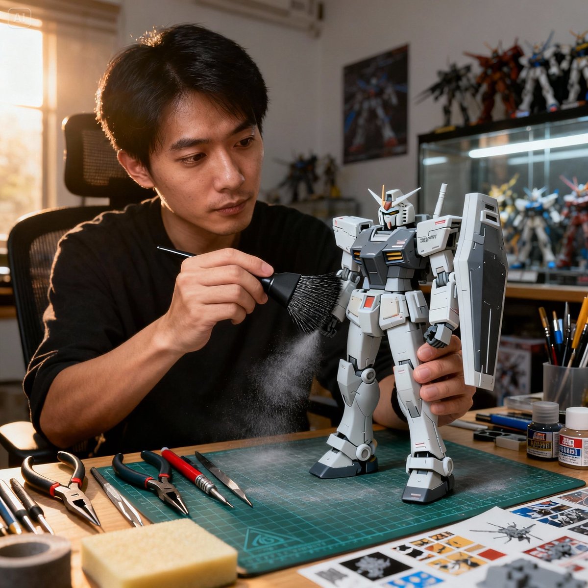 model hobbyist using antistatic brush gundam