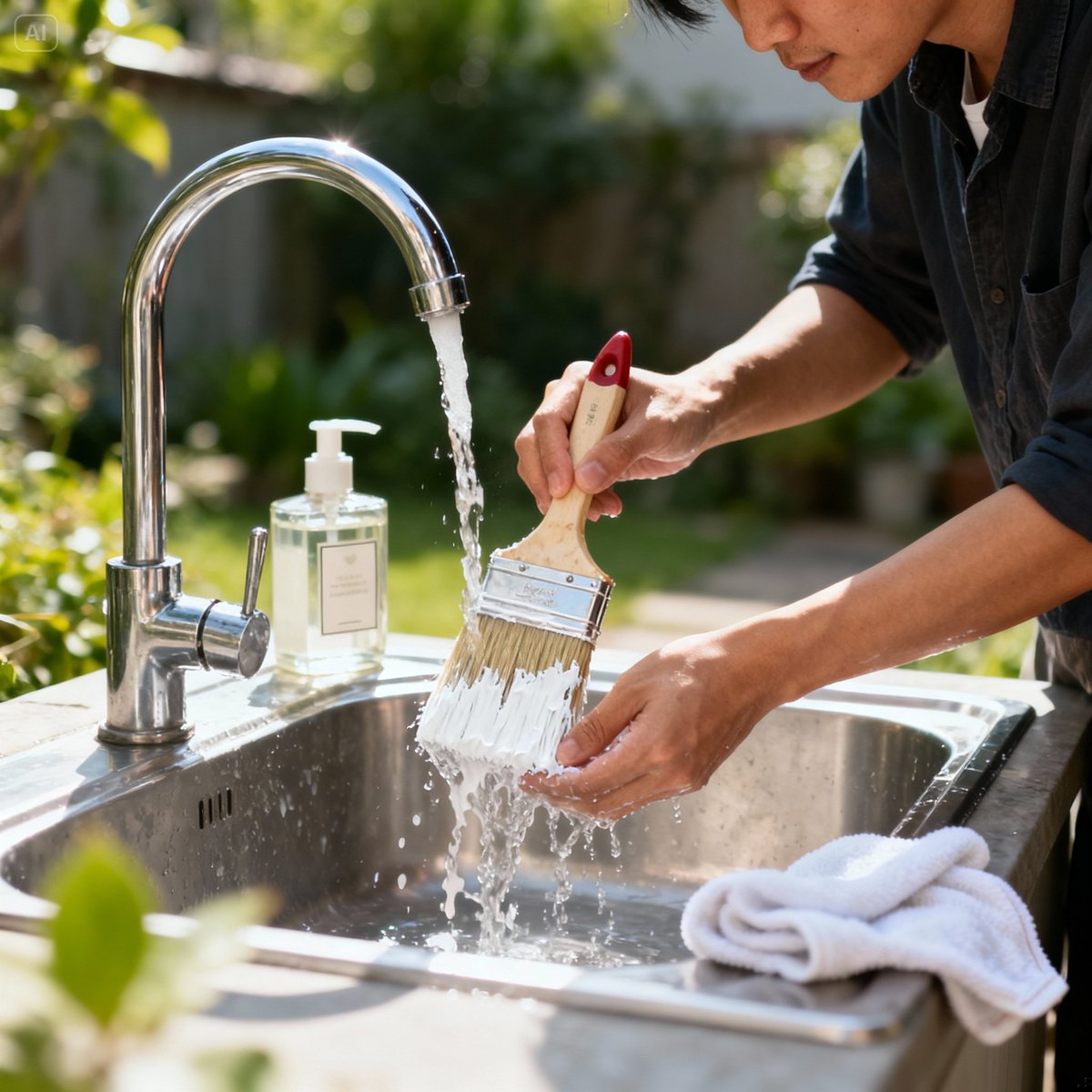 paint brush cleaning under faucet