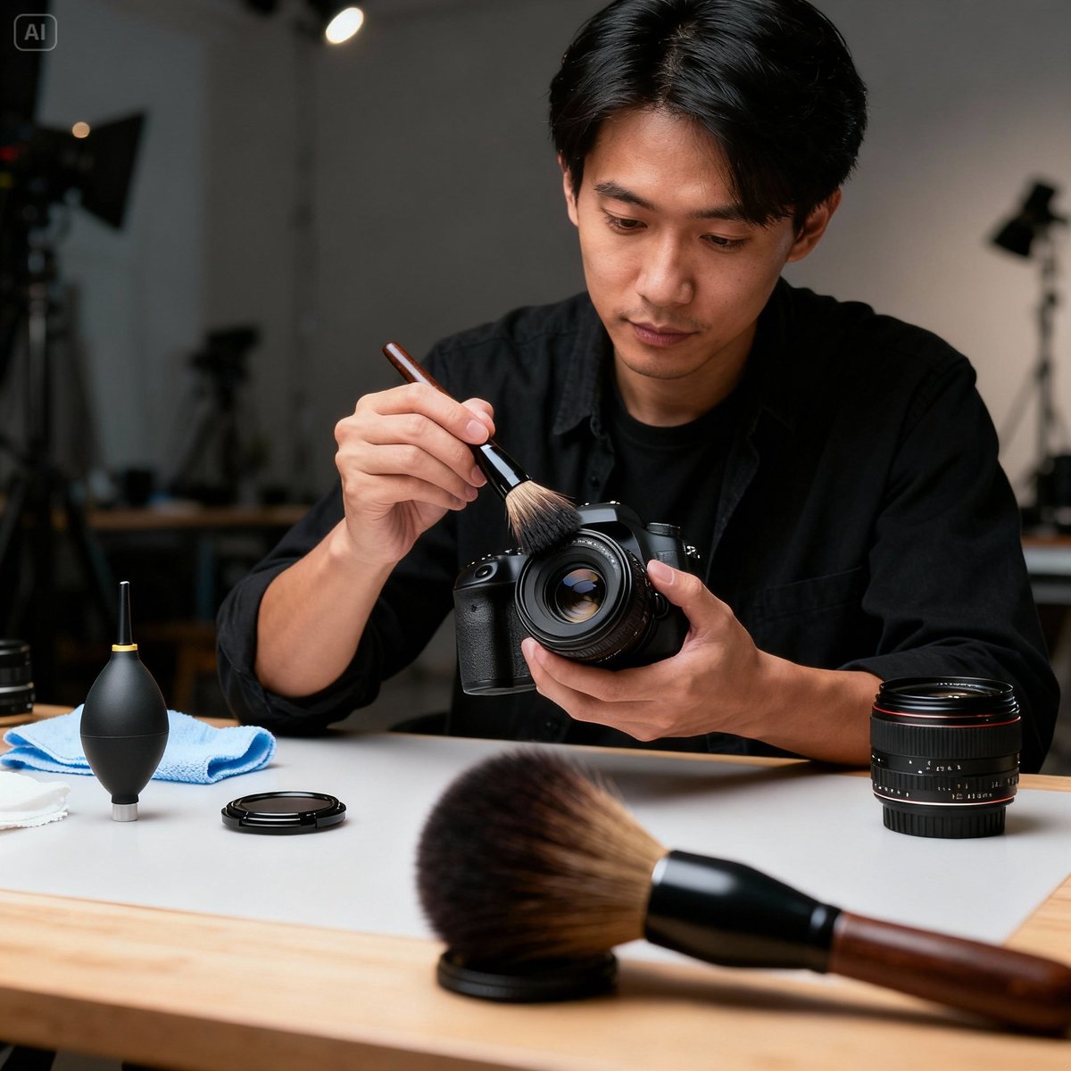 photographer cleaning camera lens soft brush