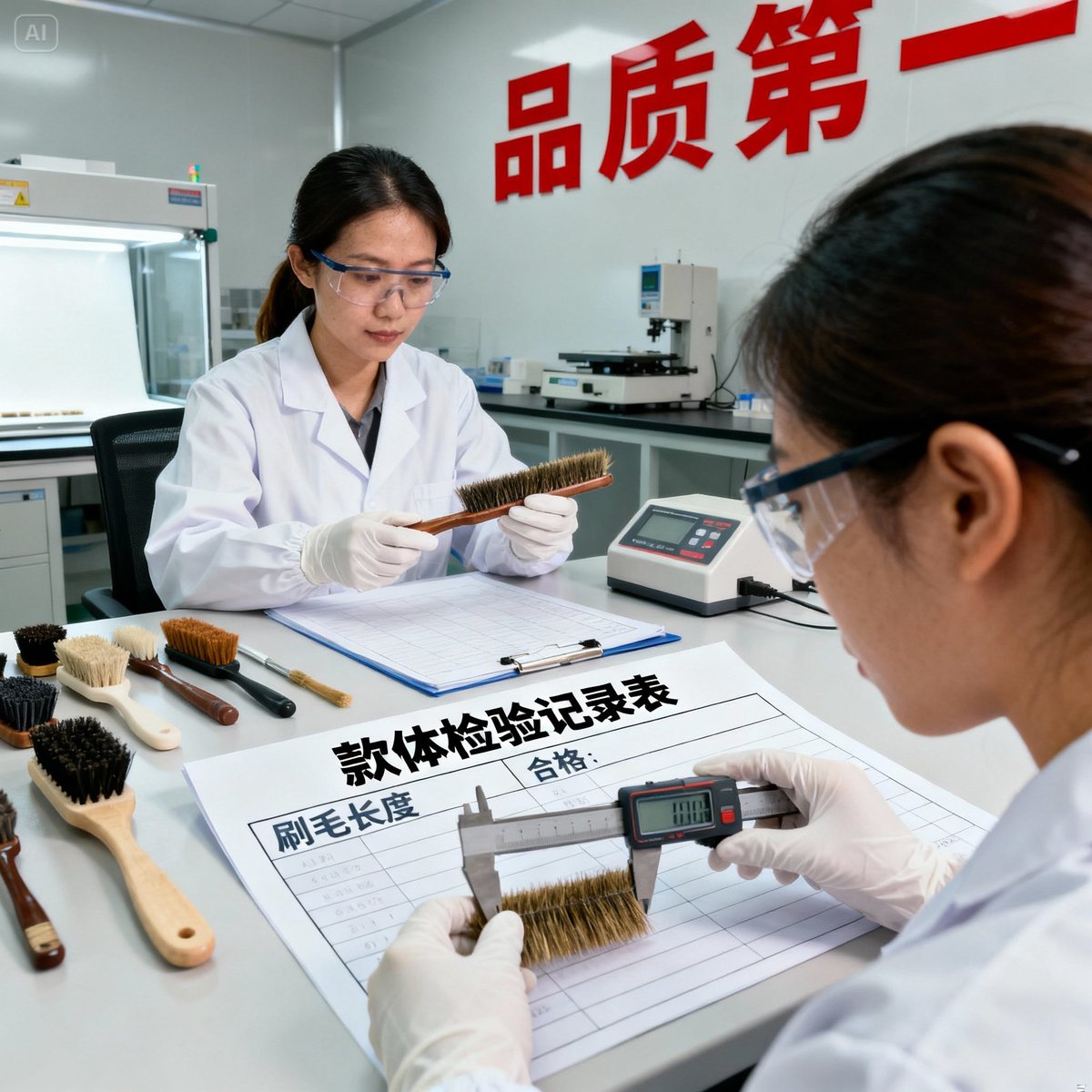 quality inspector measuring brush caliper