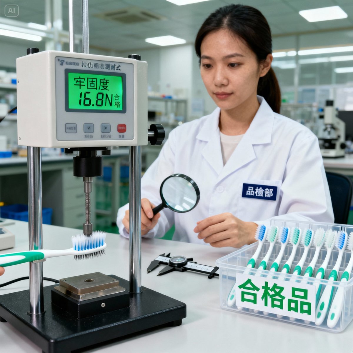 quality inspector testing toothbrush bristle strength