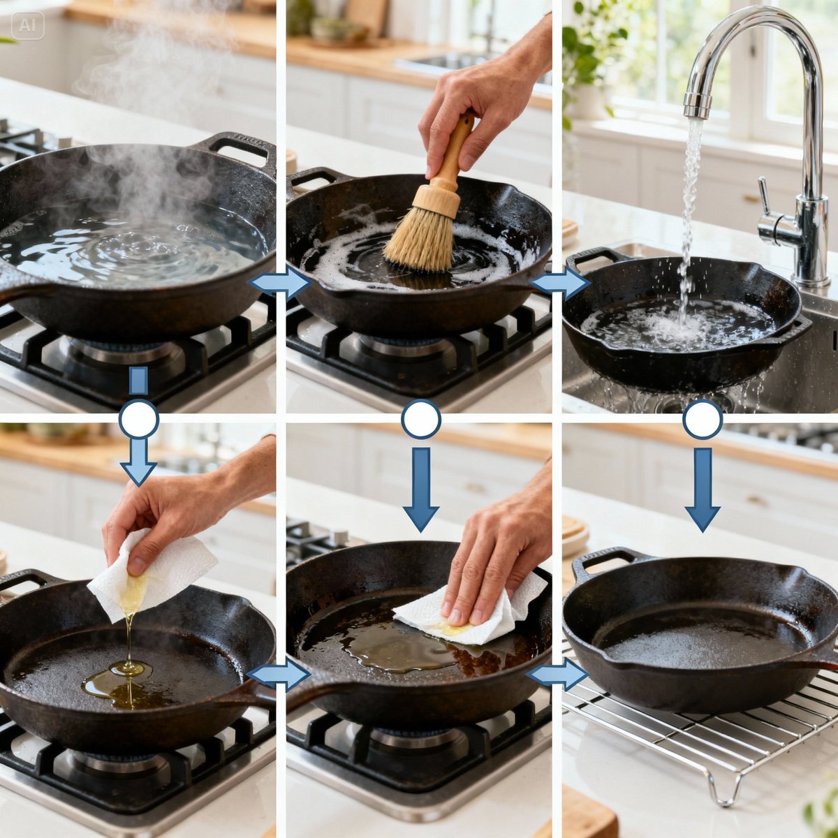 six steps cast iron pan cleaning process