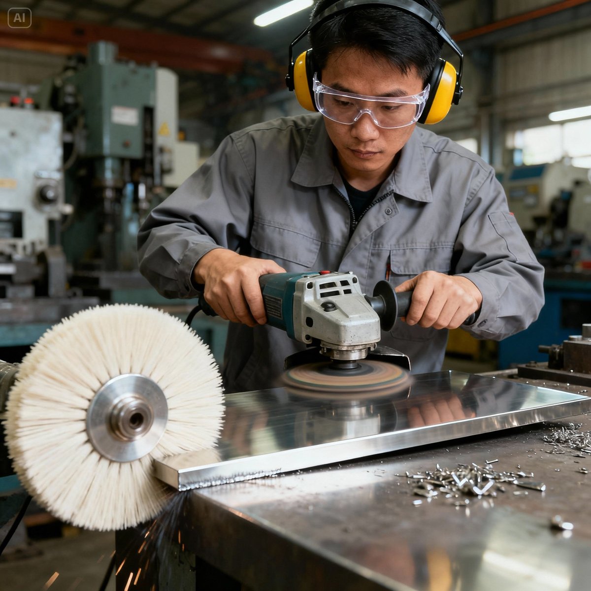 technician deburring metal nylon brush wheel