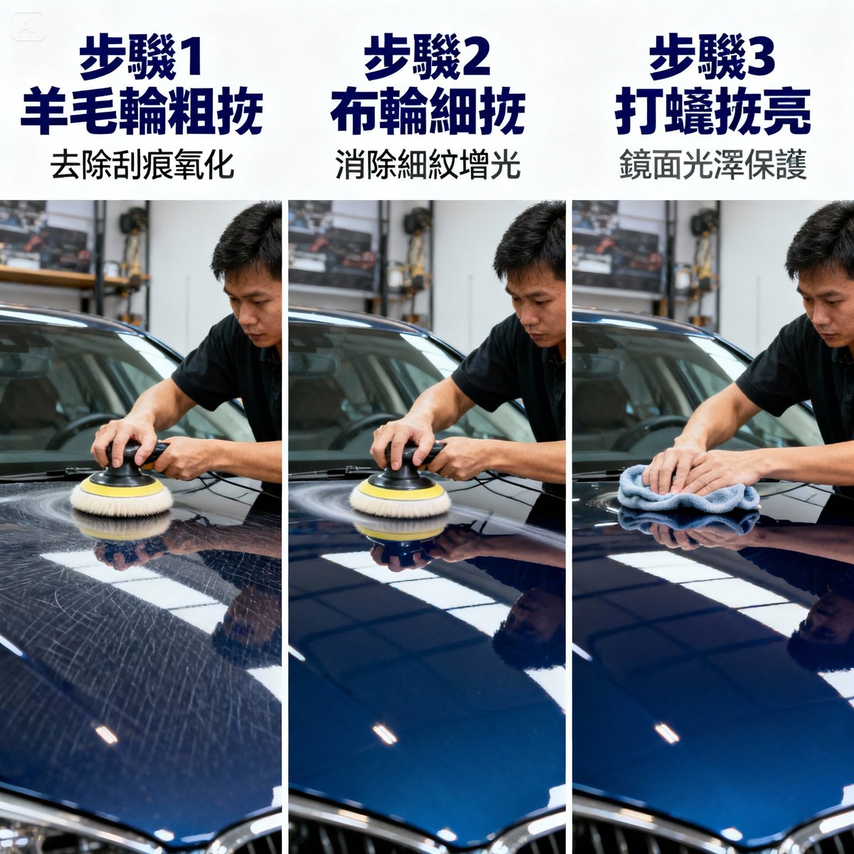 three stage polishing process wool cloth wheel sequence