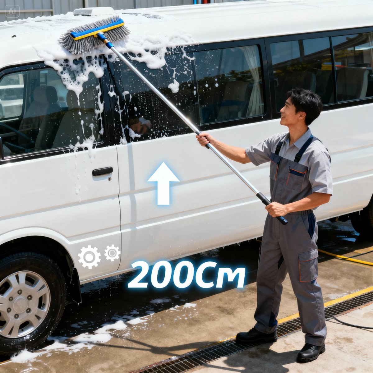 using long handle brush washing tour bus