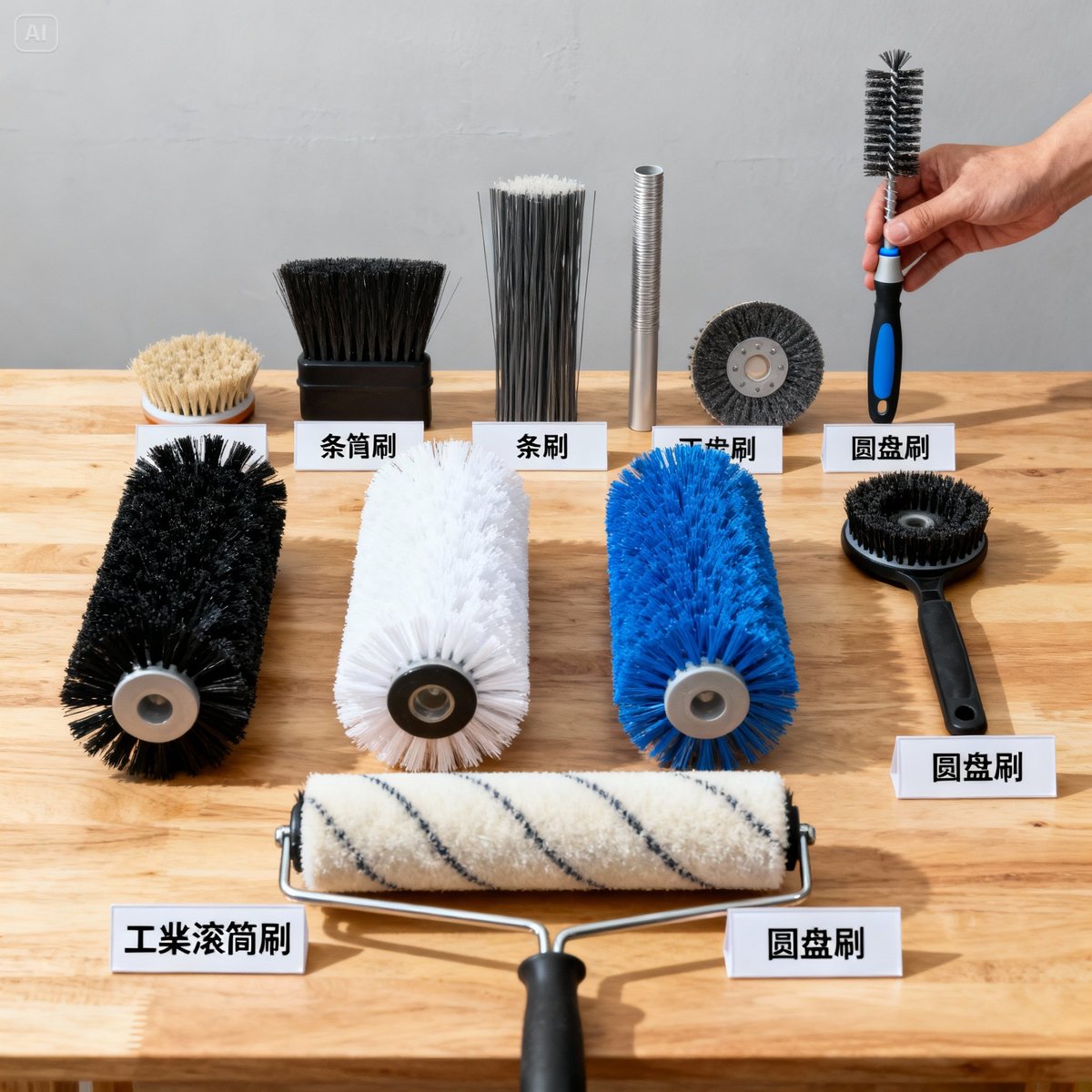 various industrial brushes product display