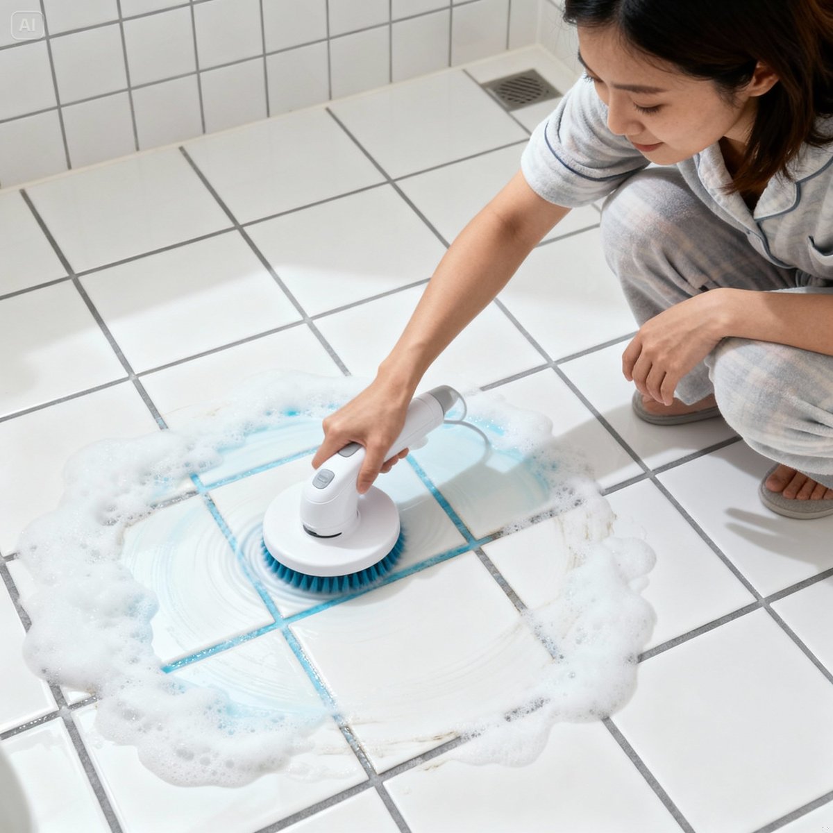 woman cleaning bathroom floor electric brush overhead view