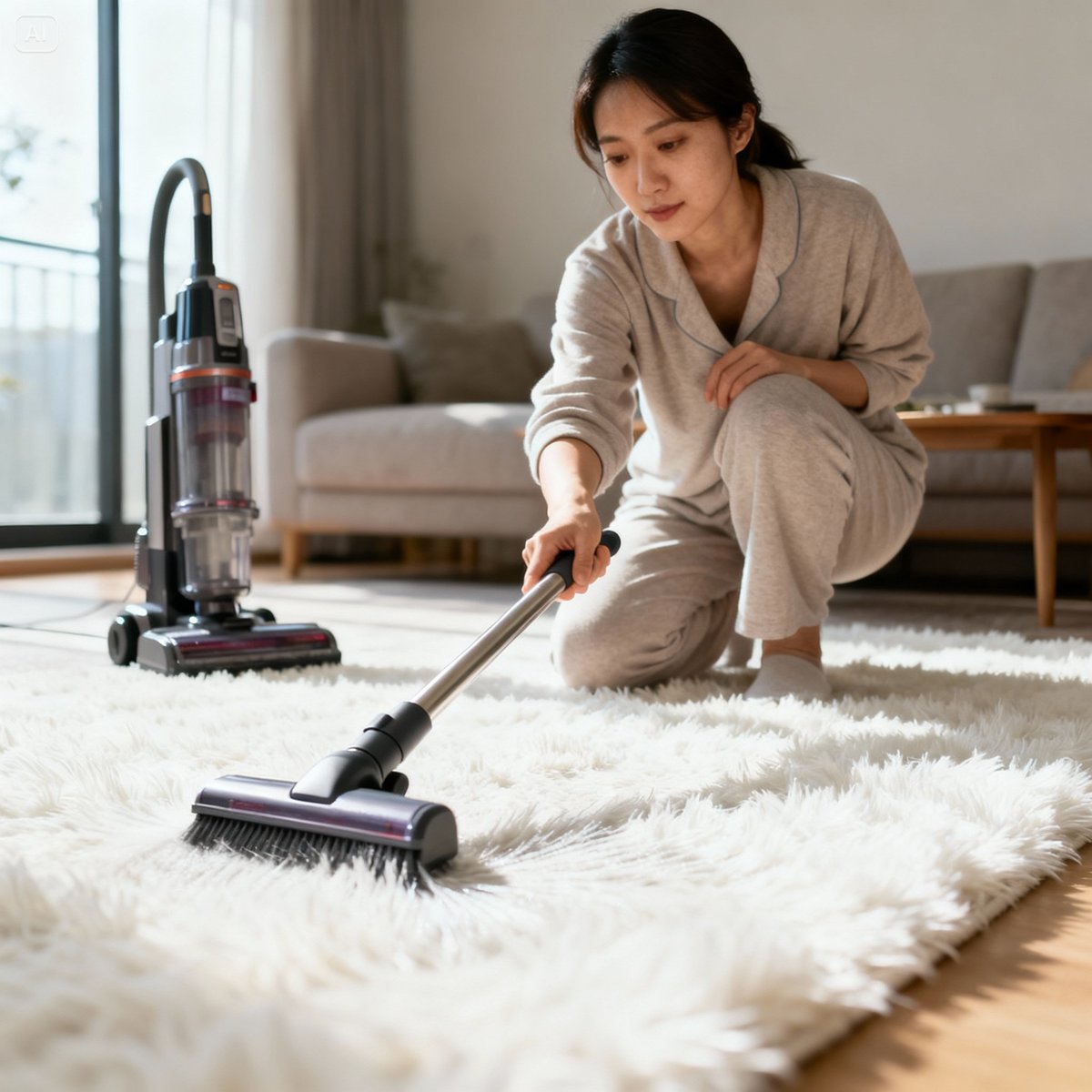 woman cleaning carpet with long brush