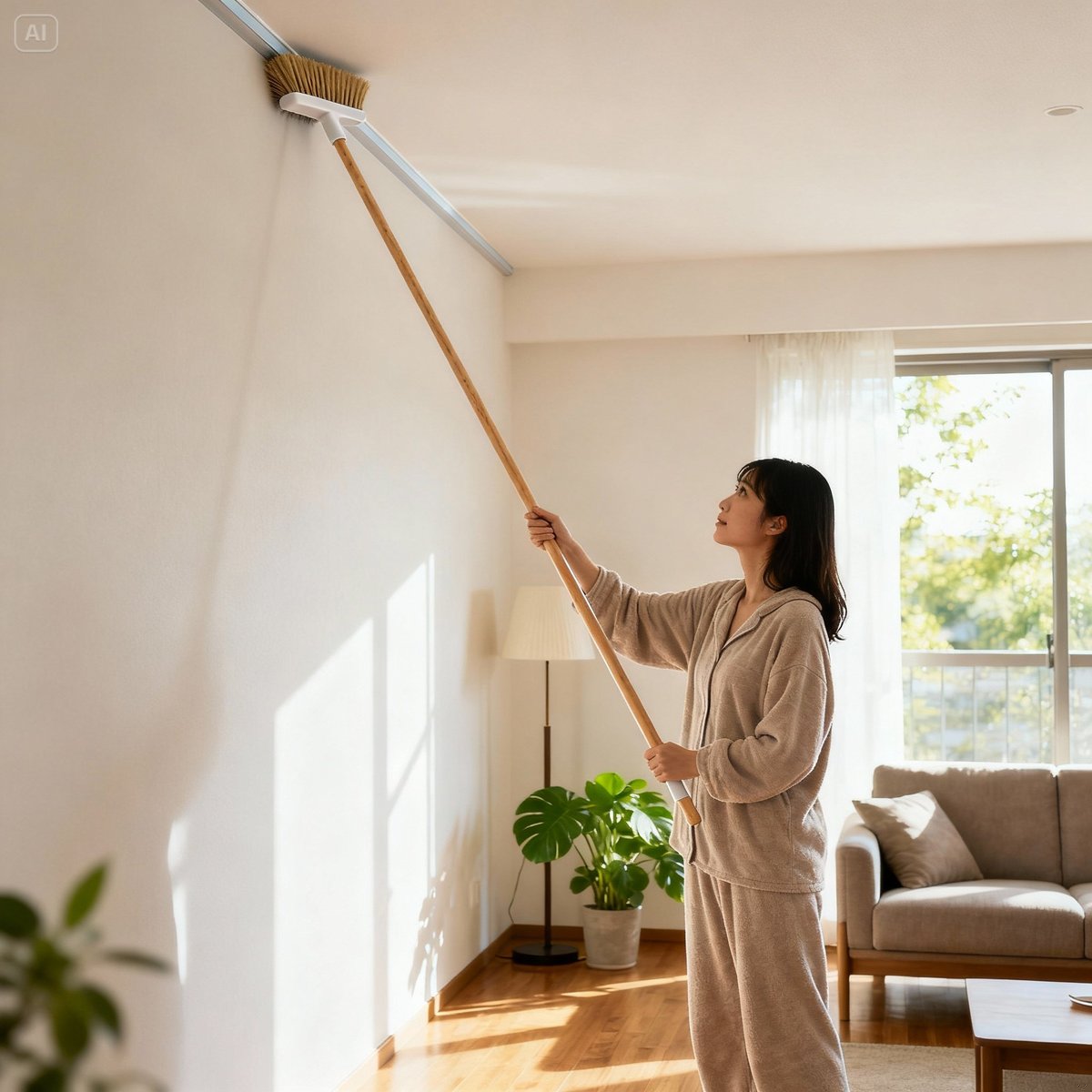 woman cleaning ceiling corner long handle brush