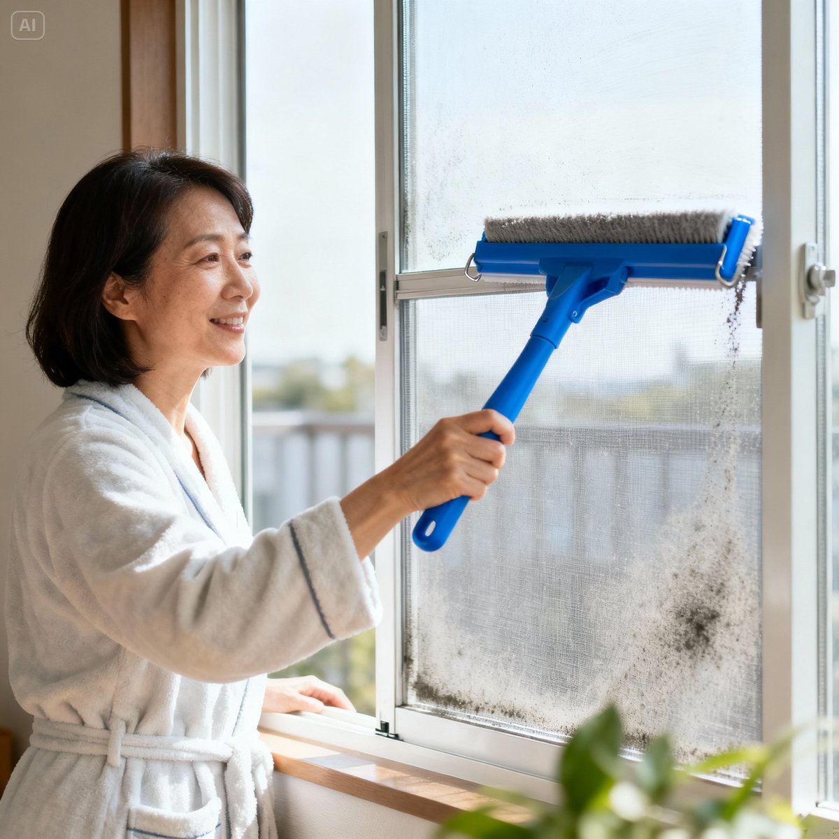 woman using screen brush cleaning window tutorial