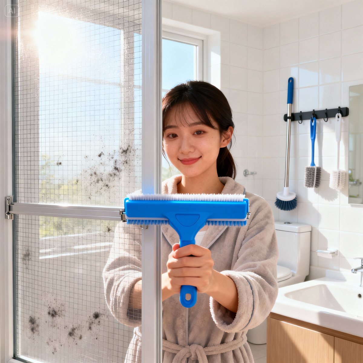 woman using window screen brush cleaning bathroom
