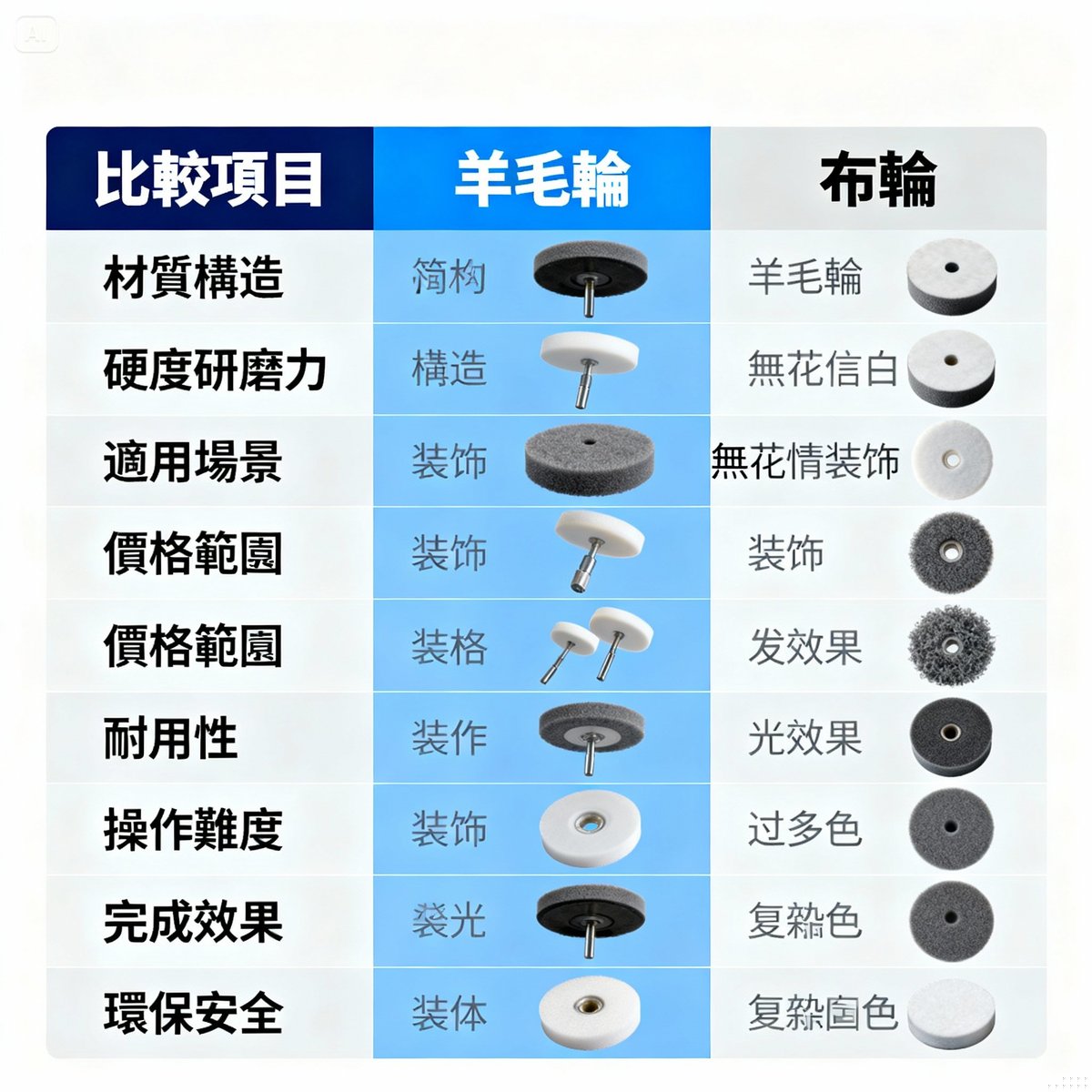 wool wheel cloth wheel eight items comparison table