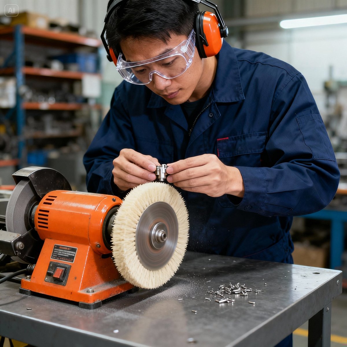 worker using nylon brush wheel metal polishing